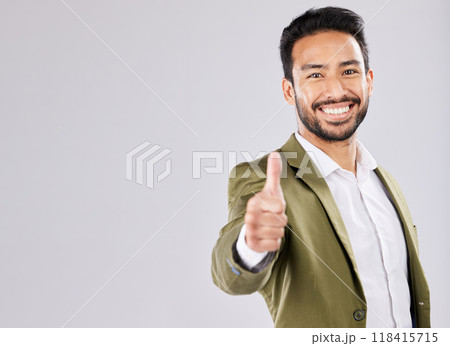 Thumbs up, business and portrait of man with smile on white background for success, leadership and goals. Entrepreneur, mockup space and happy male with thank you, promotion and agreement hand sign 118415715