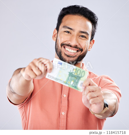 Asian man, portrait or showing money on isolated background in financial freedom, stock market profit or investment. Smile, happy or winner cash on studio for finance success, savings or trade growth 118415718