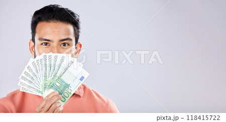 Man, portrait or money fan on isolated studio background in financial freedom, stock market profit or investment. Winner, cash or euro for asian person for finance success, savings or growth mockup Man, portrait or money fan on isolated studio background in financial freedom, stock market profit or investment. Winner, cash or euro for asian person for finance success, savings or growth mockup 118415722