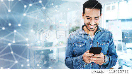 Search, networking and hologram with man and phone in office for digital, social media and internet. Technology, future and connection with male employee for mockup space, business and information 118415755