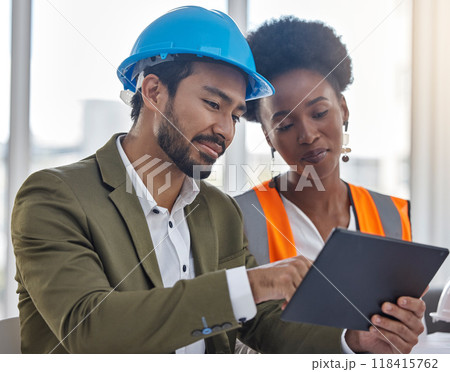 Tablet, collaboration or planning with a construction worker and architect meeting in an office for a building project strategy. Technology, teamwork and a designer man talking to a woman colleague Tablet, collaboration or planning with a construction worker and architect meeting in an office for a building project strategy. Technology, teamwork and a designer man talking to a woman colleague 118415762