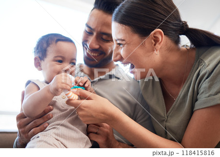 Happy family, baby and parents laughing, funny and excited for quality time, bonding and home development of child. Mother, father and girl or kid with dad, mom or people and toys, love and care Happy family, baby and parents laughing, funny and excited for quality time, bonding and home development of child. Mother, father and girl or kid with dad, mom or people and toys, love and care 118415816