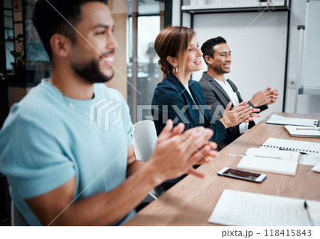 Happy, business people and applause in meeting for presentation, growth or team seminar at the office. Group of employees clapping in conference for teamwork, support or motivation at the workplace Happy, business people and applause in meeting for presentation, growth or team seminar at the office. Group of employees clapping in conference for teamwork, support or motivation at the workplace 118415843