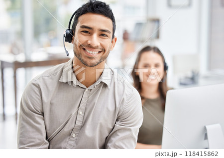 Portrait, call center and support with a man consultant in his telemarketing office for assistance. Customer service, contact us and consulting with a male employee using a headset for retail crm 118415862