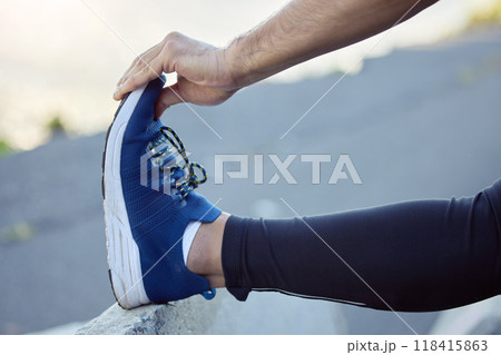 Shoes, hands and stretching legs for run, fitness and man outdoor for exercise, cardio and healthy, active lifestyle. Sports, running sneakers and male person start workout with warm up for training Shoes, hands and stretching legs for run, fitness and man outdoor for exercise, cardio and healthy, active lifestyle. Sports, running sneakers and male person start workout with warm up for training 118415863