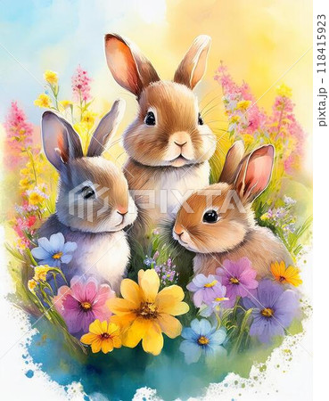 3匹のうさぎとお花のイラスト素材 [118415923] - PIXTA