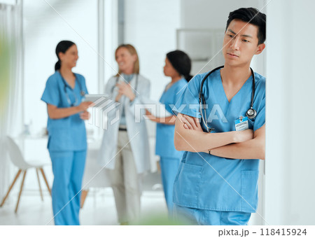 Thinking, stress or sad nurse in hospital meeting with burnout, anxiety or worried with medical emergency. Worry, tired man or depressed Asian healthcare doctor with grief or depression in clinic 118415924