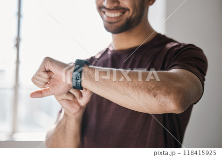 Athlete, fitness and smart watch with app to check, measure or time exercise for tracking health on technology. Sports, man and happy with workout, training and cardio wellness in gym facility Athlete, fitness and smart watch with app to check, measure or time exercise for tracking health on technology. Sports, man and happy with workout, training and cardio wellness in gym facility 118415925