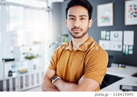 Manager portrait, crossed arms and serious man with office career focus, commitment or mission. Professional CEO, creative agency and Asian male designer with pride, entrepreneurship or confidence Manager portrait, crossed arms and serious man with office career focus, commitment or mission. Professional CEO, creative agency and Asian male designer with pride, entrepreneurship or confidence 118415945