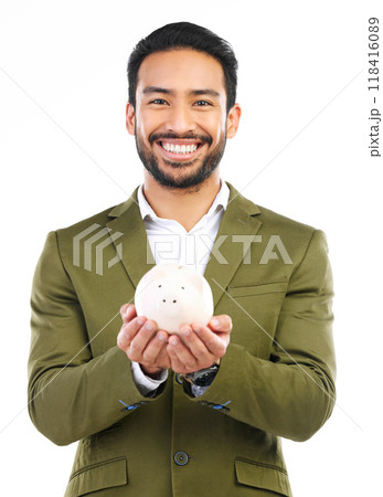 Smile, piggy bank and portrait of man in studio, happy financial freedom and savings on white background. Happiness, businessman with money box and saving, investing in small business startup plan. 118416089
