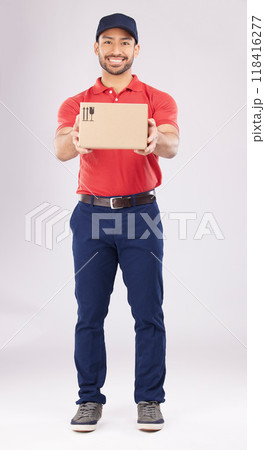 Happy, shipping box or portrait of delivery guy in studio with courier service, supply chain package or smile. Full body, white background or man with distribution, online shopping or mail services Happy, shipping box or portrait of delivery guy in studio with courier service, supply chain package or smile. Full body, white background or man with distribution, online shopping or mail services 118416277