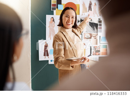 Fashion designer, woman creative presentation and meeting business proposal, entrepreneur moodboard or portfolio. Artist or asian person speaking to clients for clothes, sketch or illustration ideas Fashion designer, woman creative presentation and meeting business proposal, entrepreneur moodboard or portfolio. Artist or asian person speaking to clients for clothes, sketch or illustration ideas 118416333