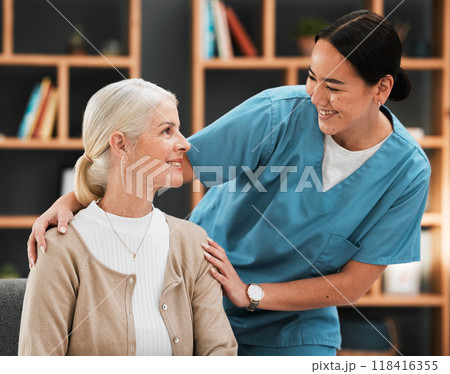Nursing home, senior woman and nurse with a smile from retirement and support happiness. Bonding, healthcare and Asian caregiver feeling happy from elderly care and medical job with a elderly female 118416355