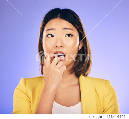 Anxiety, thinking and woman with stress in crisis, accident or mistake in business, startup or choice in professional career. Hand, face and Asian businesswoman to think of solution and decision 118416361