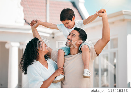 Happy, love and young family bonding outdoor in the backyard of their modern house. Happiness, smile and boy child playing with his parents in the outside garden for fresh air by their new home. 118416388