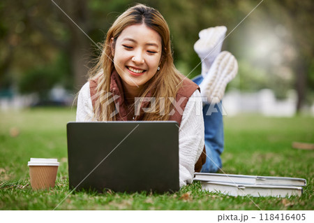 Laptop, asian and woman student typing in a park to update social media while outdoor studying and learning online. Internet, web and young person working on assessment in nature for peace and calm Laptop, asian and woman student typing in a park to update social media while outdoor studying and learning online. Internet, web and young person working on assessment in nature for peace and calm 118416405