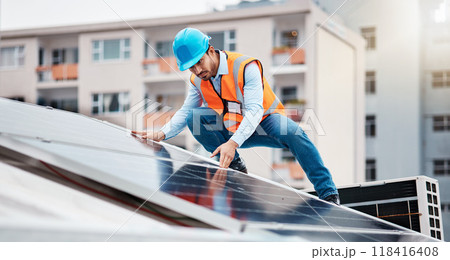 Technician man, construction and solar panel on roof for maintenance, sustainability or inspection in city. Engineer, check and photovoltaic system for building, industry and renewable energy in cbd 118416408