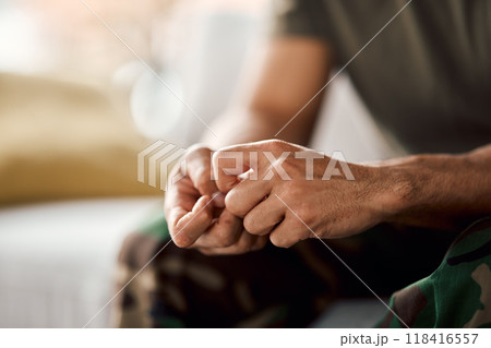Closeup of person hands, anxiety and mental health problem, therapy and psychology with trauma. Fear, crisis and stress with depression, mistake and disaster with panic, abuse or addiction with pain 118416557