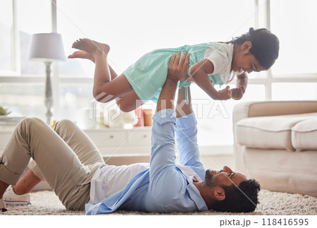 Airplane, game and father with girl on a floor with love, fun and playing in their home together. Happy, flying and child with parent in living room for bonding, relax and enjoying weekend in lounge 118416595