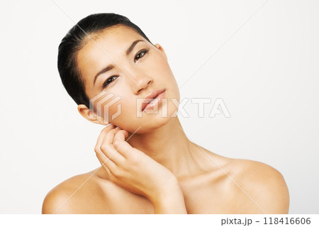 Natural beauty, woman and makeup portrait with skincare and dermatology with mockup. Isolated, white background and young Asian female person with face and skin glow from cosmetics and treatment 118416606