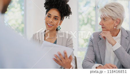 Business woman, team interview and documents for human resources meeting in job recruitment, hiring or onboarding. Professional HR people speaking to employee with CV, resume or portfolio feedback Business woman, team interview and documents for human resources meeting in job recruitment, hiring or onboarding. Professional HR people speaking to employee with CV, resume or portfolio feedback 118416851