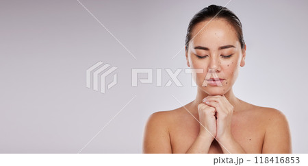 Asian woman, relax and skincare on mockup for cosmetics against a gray studio background. Female model in beauty treatment with closed eyes in relaxation for facial or healthy body care on copy space Asian woman, relax and skincare on mockup for cosmetics against a gray studio background. Female model in beauty treatment with closed eyes in relaxation for facial or healthy body care on copy space 118416853