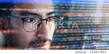 Computer, coding hologram and man in data analytics, information technology overlay or html at night. Programmer or IT person in glasses reading software script, programming or cybersecurity research Computer, coding hologram and man in data analytics, information technology overlay or html at night. Programmer or IT person in glasses reading software script, programming or cybersecurity research 118417062