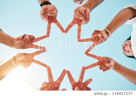 Star, hands and business people with peace sign on sky background for teamwork, solidarity or commitment from blow. V, sign and team with emoji shape in collaboration, partnership or goal motivation 118417237
