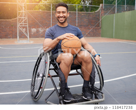 Basketball player, portrait and man in wheelchair for sports, fitness and training game on court. Person with a disability, Mexican athlete and mobility equipment for ball match, exercise and workout Basketball player, portrait and man in wheelchair for sports, fitness and training game on court. Person with a disability, Mexican athlete and mobility equipment for ball match, exercise and workout 118417238