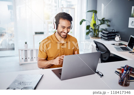 Business man, laptop and headphones to listen to music, audio or webinar. Asian male entrepreneur at desk listening to a song or video call while online on social media with internet connection Business man, laptop and headphones to listen to music, audio or webinar. Asian male entrepreneur at desk listening to a song or video call while online on social media with internet connection 118417346