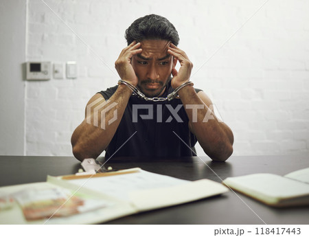 Man, criminal and handcuffs in fear for interrogation, drugs or crime in arrest on table in room. Worried male person, gangster or suspect in jail, justice or guilty fraud, theft or illegal substance Man, criminal and handcuffs in fear for interrogation, drugs or crime in arrest on table in room. Worried male person, gangster or suspect in jail, justice or guilty fraud, theft or illegal substance 118417443