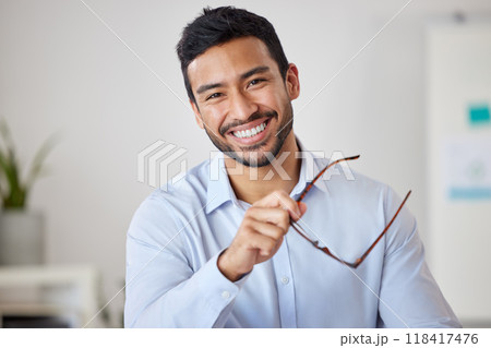 Portrait of man in office with smile, glasses and confidence in project management with ideas, vision and happiness. Professional consultant, advisor or manager at startup, happy face of businessman 118417476