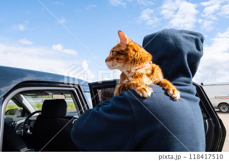 Person holding cat outdoors next to car on sunny day. Concept of companionship 118417510