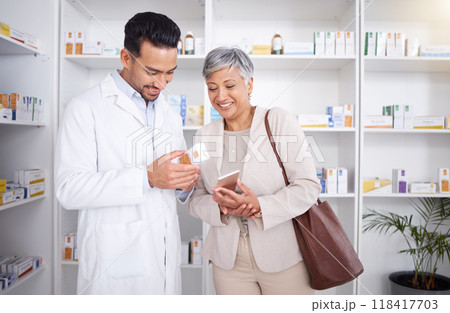 Pharmacist man, senior woman and advice with box, phone and happy in store for prescription, healthcare and help. Young pharmacy manager, elderly patient and smile for customer experience with pills Pharmacist man, senior woman and advice with box, phone and happy in store for prescription, healthcare and help. Young pharmacy manager, elderly patient and smile for customer experience with pills 118417703