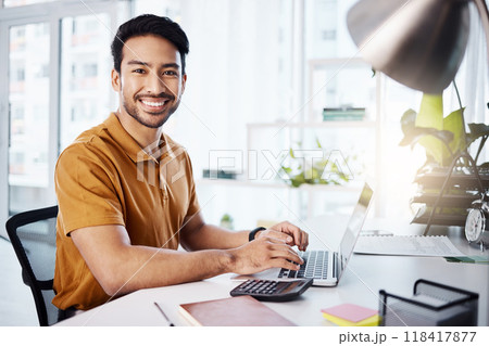 Business office portrait, laptop or happy man typing accounting report, financial portfolio or budget assessment. Bookkeeping, finance analysis or male accountant work on digital payroll spreadsheet 118417877