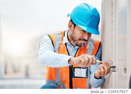 Tool, engineering and man with air conditioner for repair, maintenance and inspection on roof. Solar power, construction and male worker with equipment for service, installation and electricity check Tool, engineering and man with air conditioner for repair, maintenance and inspection on roof. Solar power, construction and male worker with equipment for service, installation and electricity check 118417927