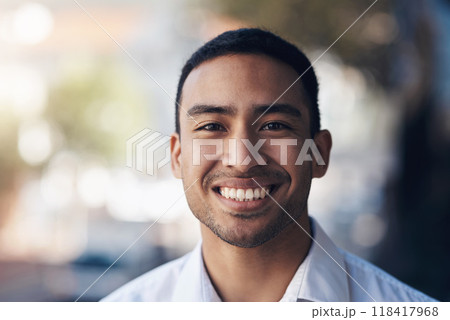 Happy, portrait of a businessman and smile in a mockup space in Mexico. Happiness or enjoyment, confident or proud man and cheerful or excited male person in urban street smiling for good news 118417968