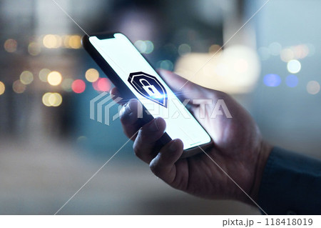 Hand, phone and cyber security or safety lock system for network, information or data protection. Person and gdpr icon on personal smartphone screen for privacy, antivirus or hacking and fraud or vpn Hand, phone and cyber security or safety lock system for network, information or data protection. Person and gdpr icon on personal smartphone screen for privacy, antivirus or hacking and fraud or vpn 118418019