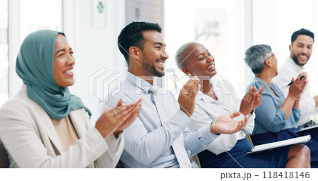 Business board, row and team applause, celebrate or support presentation speech, workshop lecture or success achievement. Client celebration, tradeshow audience or group smile for investment proposal 118418146