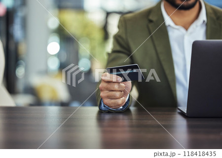 Ecommerce, credit card and hands of businessman with laptop for online banking, payment and fintech. Digital finance, stock market and male with computer for business budget, investment and savings 118418435
