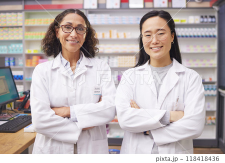Pharmacy service, portrait and women teamwork, professional help desk staff and medicine support. Diversity doctors, pharmacist or medical people proud for pharmaceutical healthcare, values and goals Pharmacy service, portrait and women teamwork, professional help desk staff and medicine support. Diversity doctors, pharmacist or medical people proud for pharmaceutical healthcare, values and goals 118418436