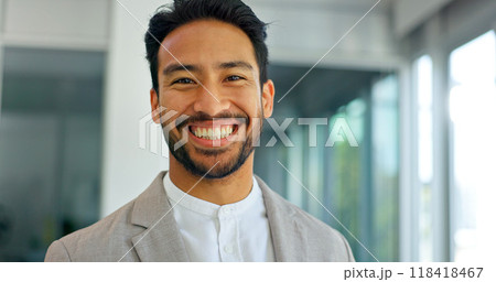 Business man, success and smile on face in portrait for promotion, goal or achievement in growth. Asian, person or employee with celebration in happiness for bonus, stock market or victory in finance 118418467