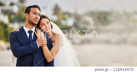 Wedding, bride and groom hug with love, care and thinking outdoor with mockup space. Bridal couple, marriage and romance with calm support, trust and peace from partner, commitment vision and relax 118418478