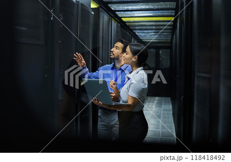 Server room, network laptop and people software management, system upgrade and cyber security. Teamwork technician, engineering or programmer staff on computer, information technology or programming 118418492