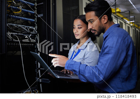 People, maintenance or laptop in server room, IT engineering or software programming ideas in cybersecurity. Repair woman, man or data center technology in teamwork collaboration for safety analytics 118418493