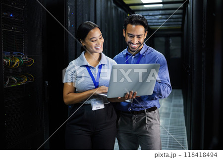 Server room, laptop and people team for software management, system upgrade and cyber security. Teamwork technician, engineering or programmer staff on computer, information technology or programming Server room, laptop and people team for software management, system upgrade and cyber security. Teamwork technician, engineering or programmer staff on computer, information technology or programming 118418494