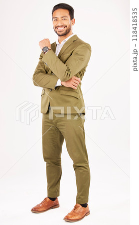 Professional, fashion and portrait of business man in studio with confidence, happiness and pride. Corporate manager, smile and male person in formal clothes, style and suit on white background 118418535