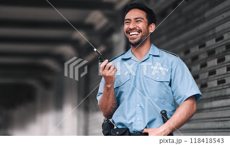Security guard, safety officer and man with walkie talkie on street for protection, patrol or watch. Law enforcement, laugh and duty with a crime prevention male worker in uniform for communication Security guard, safety officer and man with walkie talkie on street for protection, patrol or watch. Law enforcement, laugh and duty with a crime prevention male worker in uniform for communication 118418543