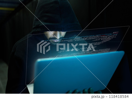 Cyber security, crime and hacker with laptop typing in data center, stealing sensitive digital information and coding. Technology, software and man hacking in database to update ransomware on website 118418584