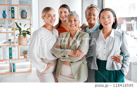 Diversity, portrait and business women with support, teamwork and group empowerment in office leadership. Career love and hug of asian, black woman and senior people or employees smile for solidarity 118418595